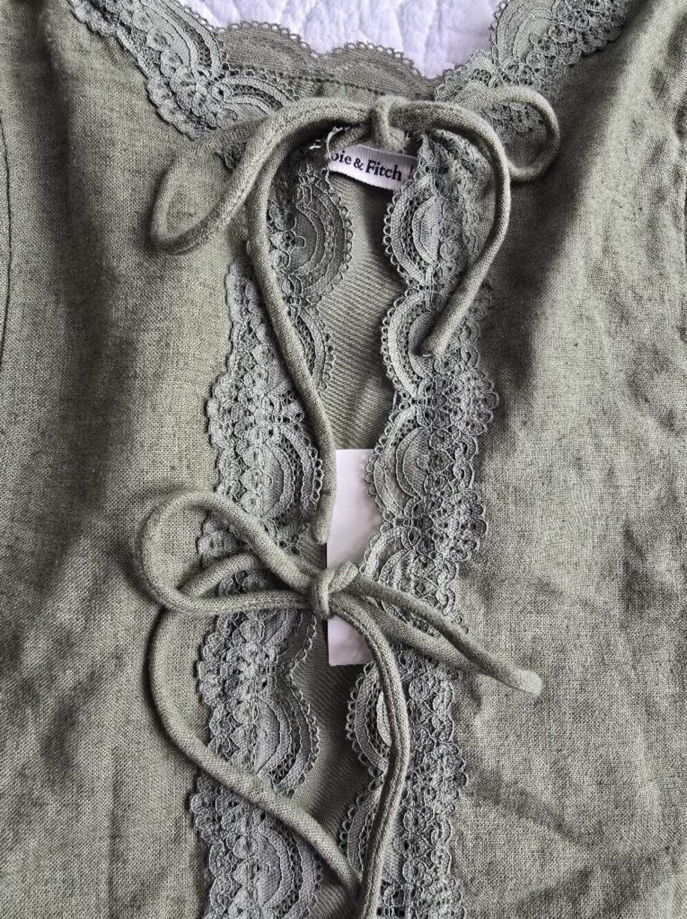Abercrombie & Fitch Lace-Trim Tie Front Linen Blend Peplum Cami Top Green - Picture 4 of 12
